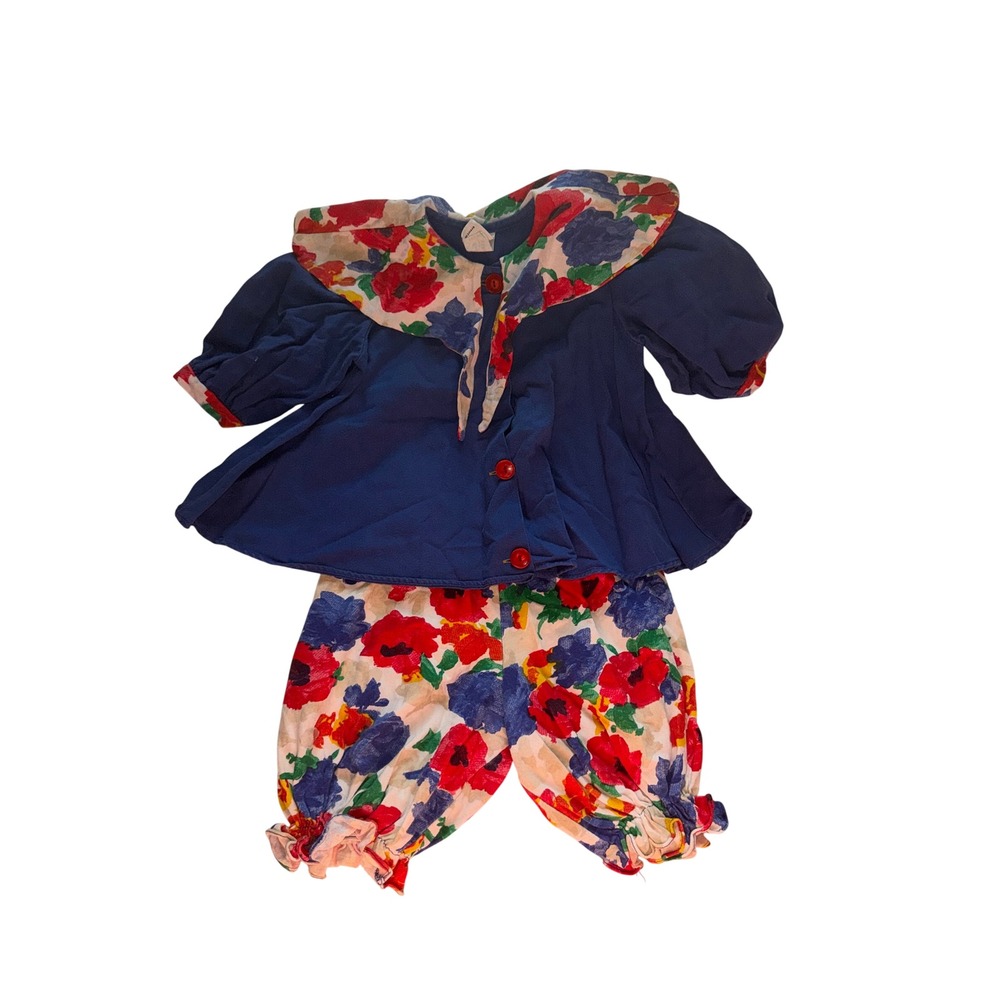 Vtg EGG Kids Floral 2 Piece Set Blue Red Yellow Sailor Top Bloomers USA 4T 90s